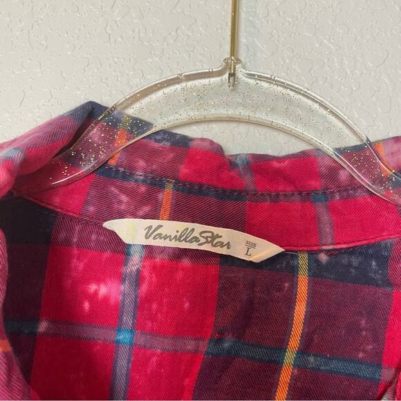 VANILLA STAR Red Plaid Bleached Button Down Shirt Size L - Picture 6 of 7